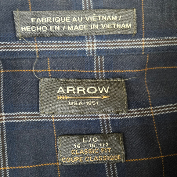 Arrow Navy Blue Plaid Classic Fit Button Down Casual Shirt Size Large 16-16.5 - Picture 6 of 9